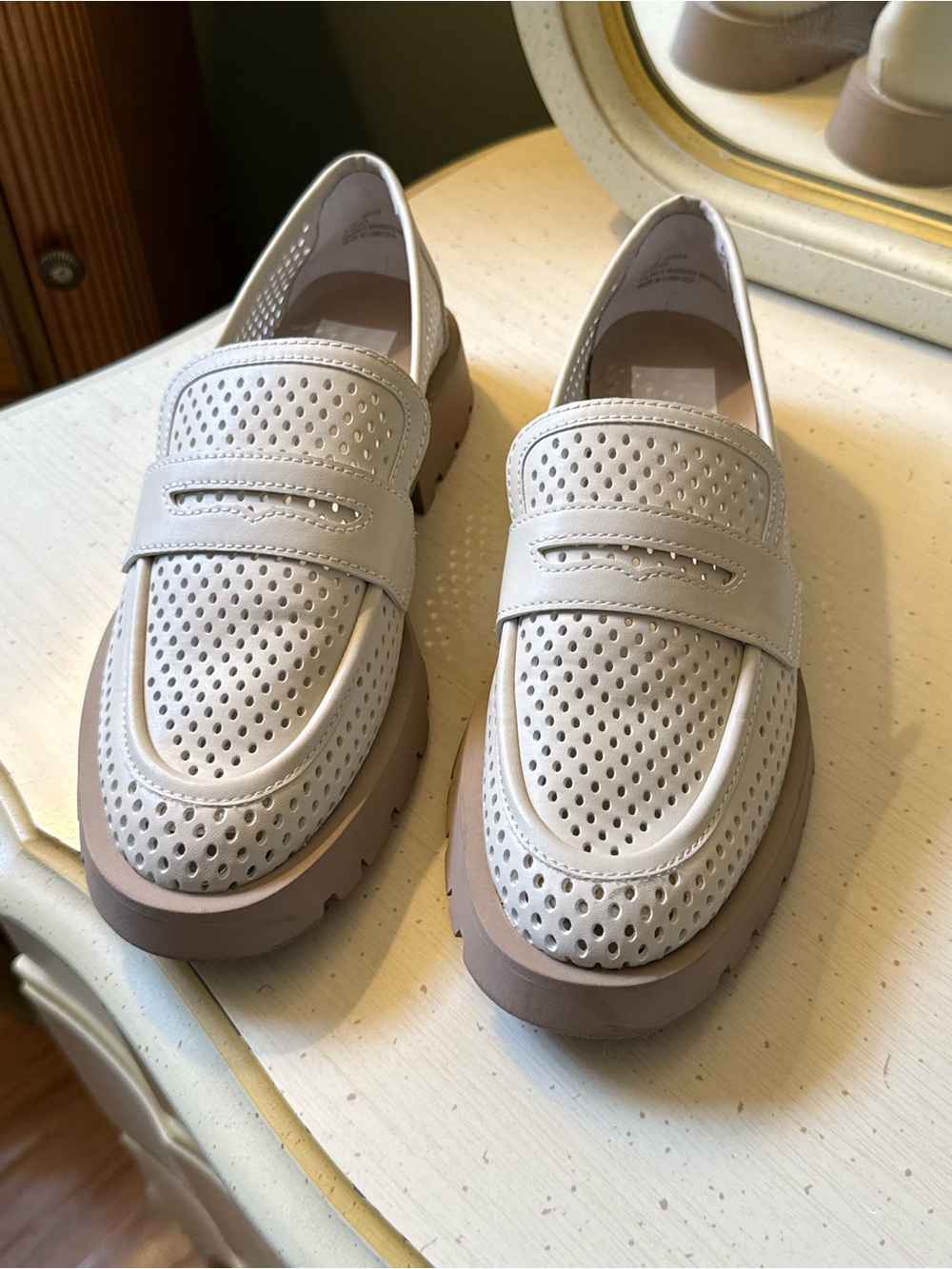 Dolce Vita Perforated Slip-On Loafers in Light Beige and Taupe